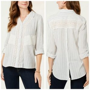 Style & Co Stripe Crochet Trim Button Down Top Size L XL PL PXL